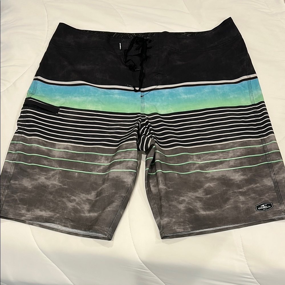 Men's O’Neill Black and Green Striped Swim Shorts